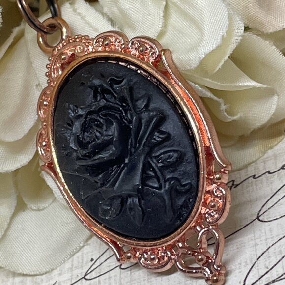 Gothic Steampunk Halloween Rose Gold Necklace Black Rose Cameo Witch Jewelry New - Picture 4 of 16